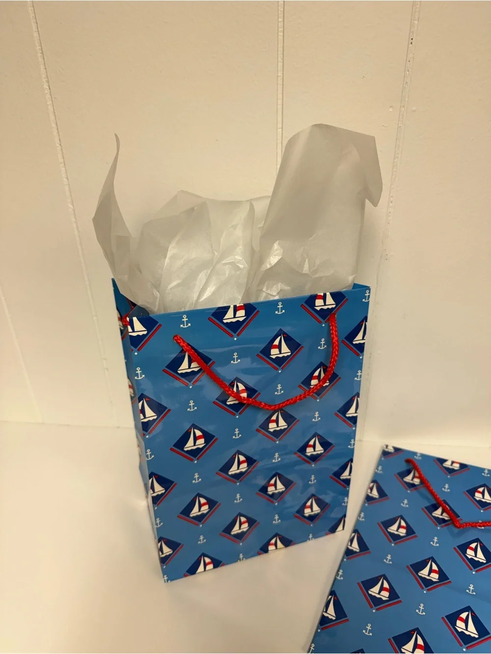 Vintage American Greetings Blue Nautical Sailboat Gift Bags (2 Bags) Gift Wrap